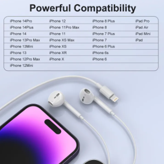 iP Lightning Handfree | Earphones | In-Ear Headphones / Earphones Wired with Lightning Connector for iP 14/13/12/11/XR/XS/X/8 iP (Built-in Microphone & Volume Control) iP Handsfree